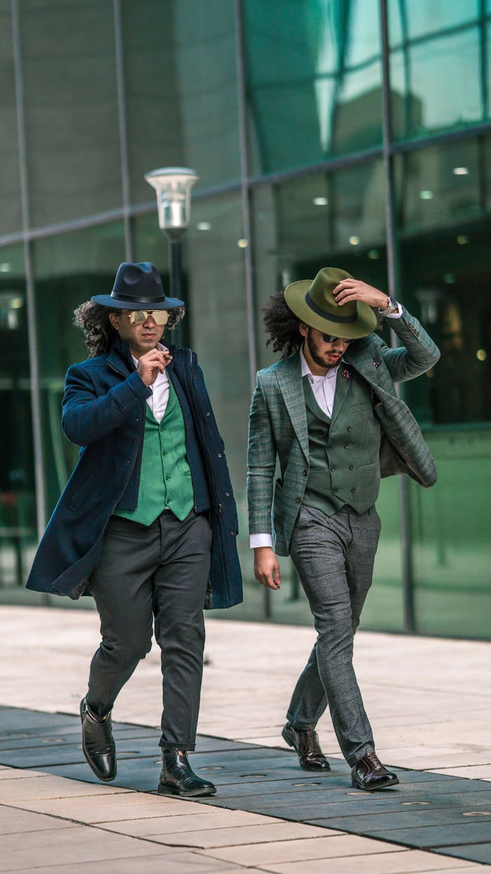 Two fashionable men in stylish suits and hats confidently walking in an urban setting.